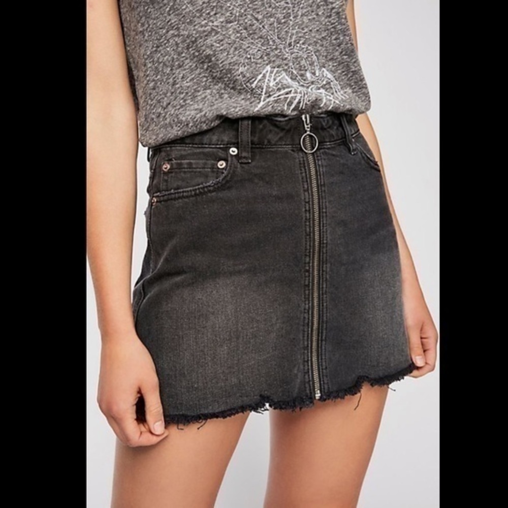Free people black zip up mini denim skirt